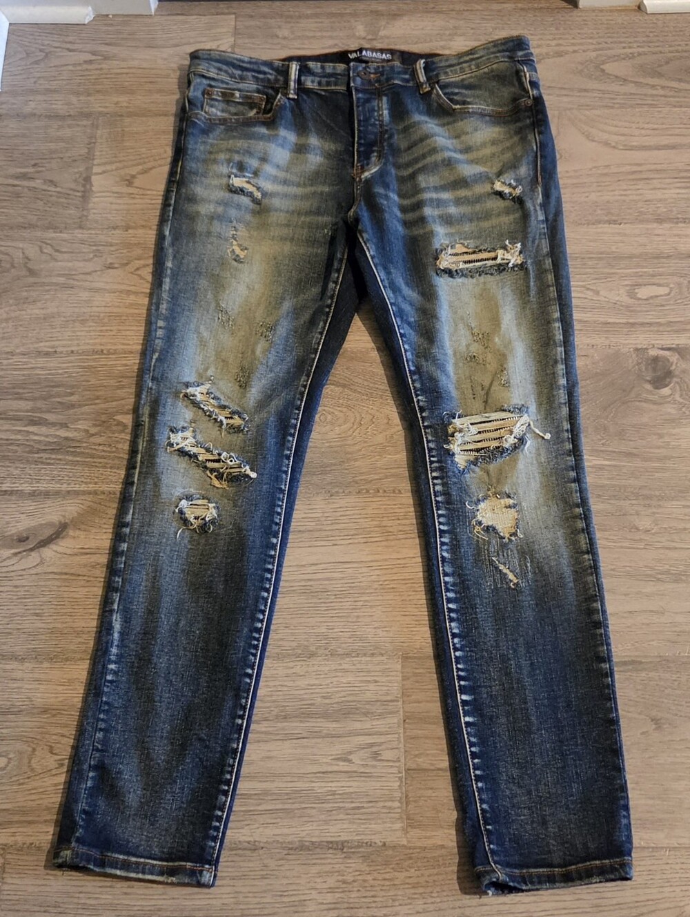 Valabasas Leader Distressed Button-Fly Skinny Jeans - Blue Wash - Size 36x32